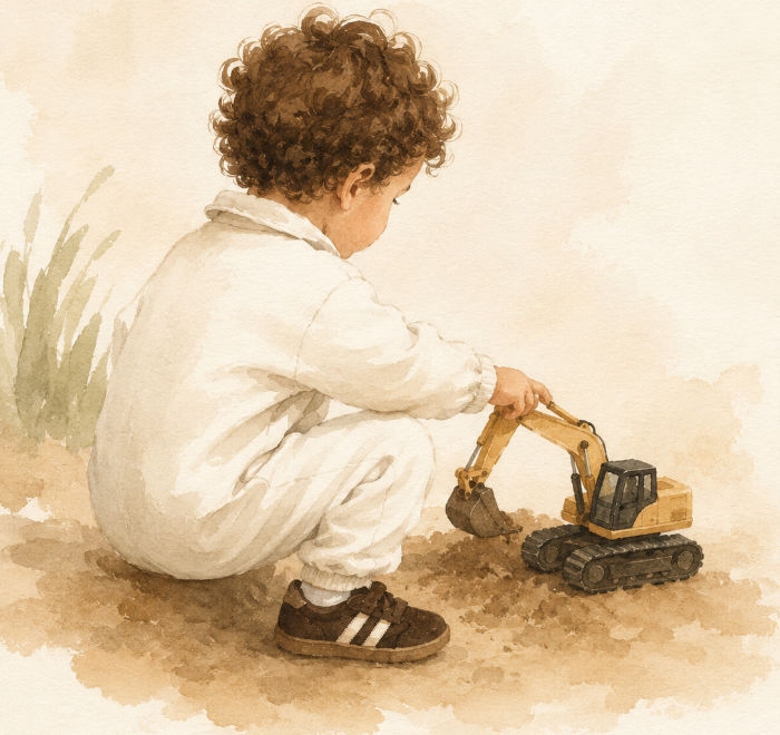 Watercolor illustration of Noah playing with a toy excavator